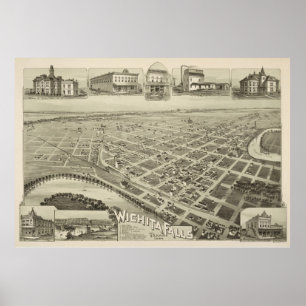 Póster Mapa pictórico vintage de Wichita Falls TX (1890)