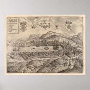 Póster Mapa pintoresco de Bergen Noruega (1588)
