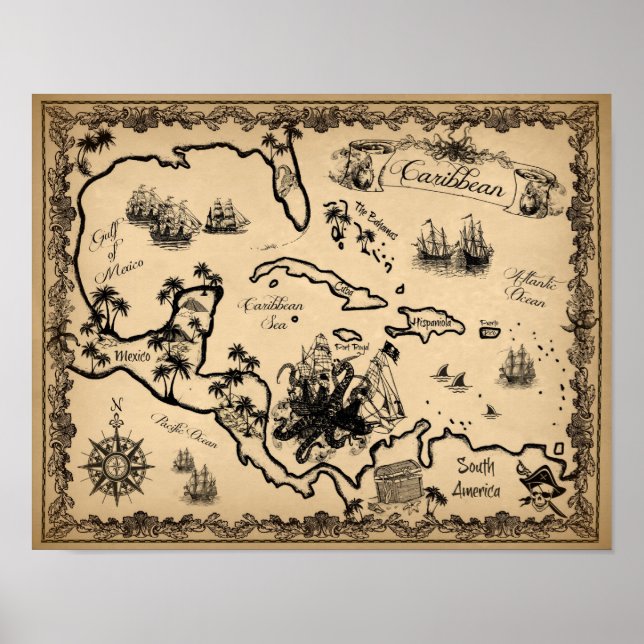 Póster Mapa pirata del Caribe con Kraken (Frente)