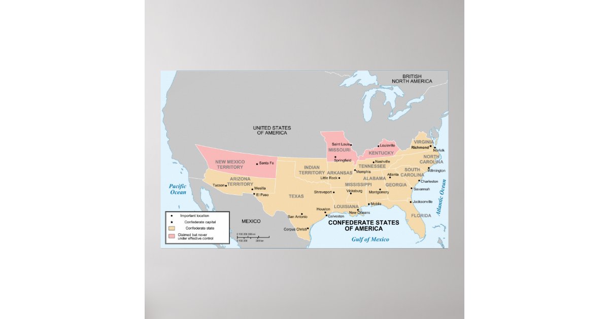 Póster Mapa Político De Estados Confederados De América Zazzlees 