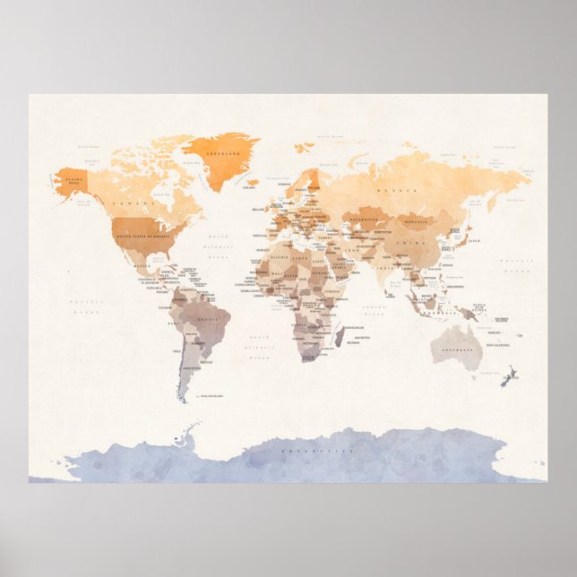 Póster Mapa político de las acuarelas del mundo (Frente)
