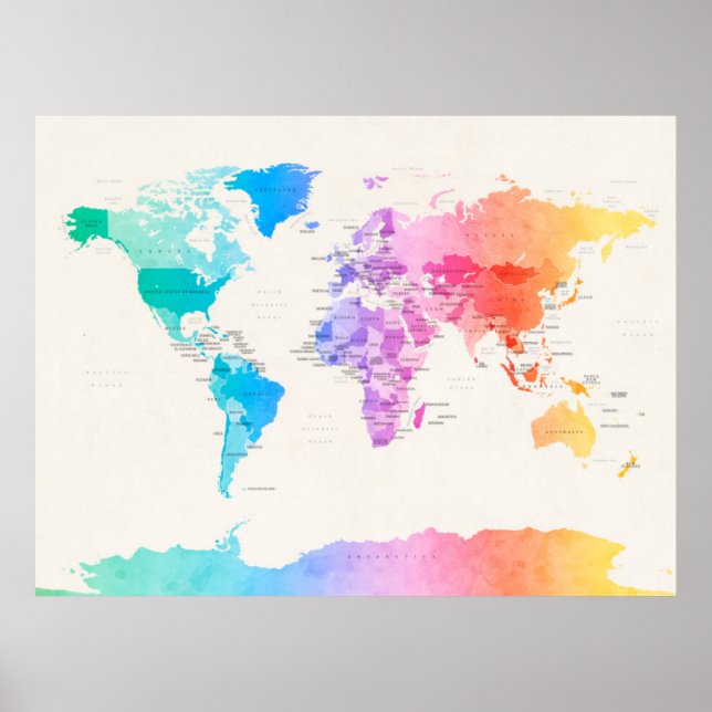 Póster Mapa político de las acuarelas del mundo (Frente)
