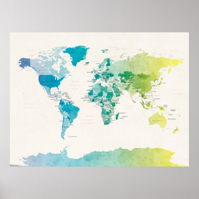 Póster Mapa político de las acuarelas del mundo (Frente)