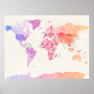 Póster Mapa político de las acuarelas del mundo
