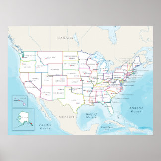 Póster Mapa político de los Estados Unidos con capitales.