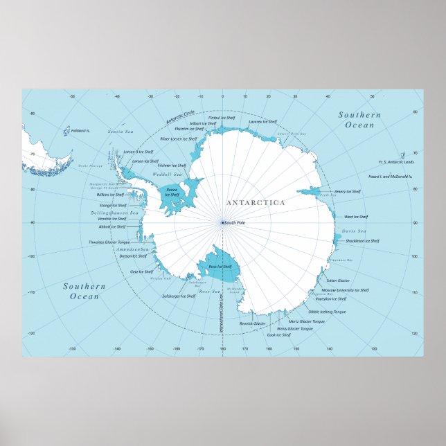 Póster Mapa político del continente de Antártida. (Frente)
