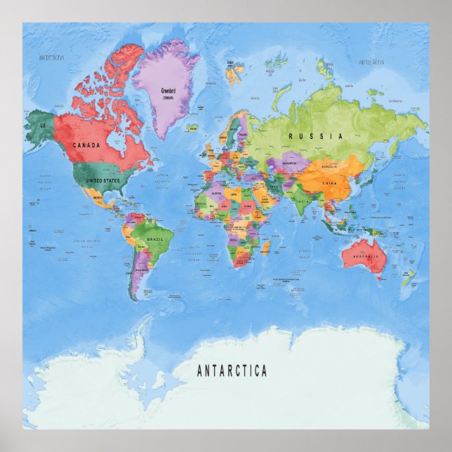 Póster Mapa político mundial de la proyección de Mercator (Frente)