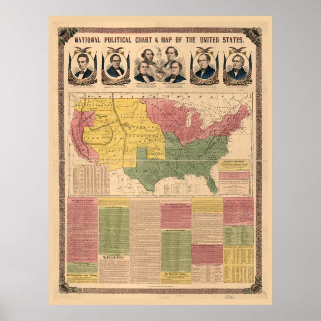 Póster Mapa político nacional de los Estados Unidos (1860 (Frente)