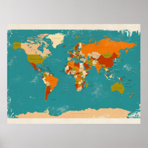 Póster Mapa político retro del mundo