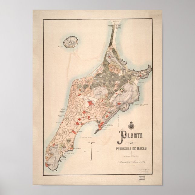 Póster Mapa portugués antiguo de Macao 1889 (Frente)