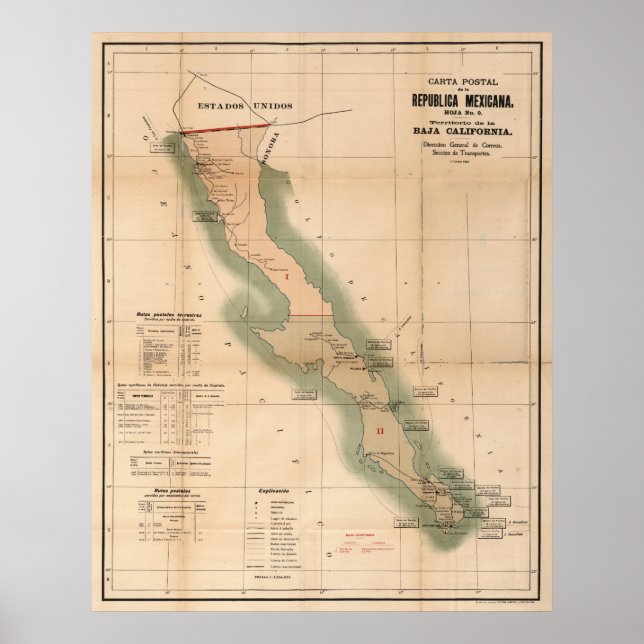 Póster Mapa postal de Baja California (1904) (Frente)
