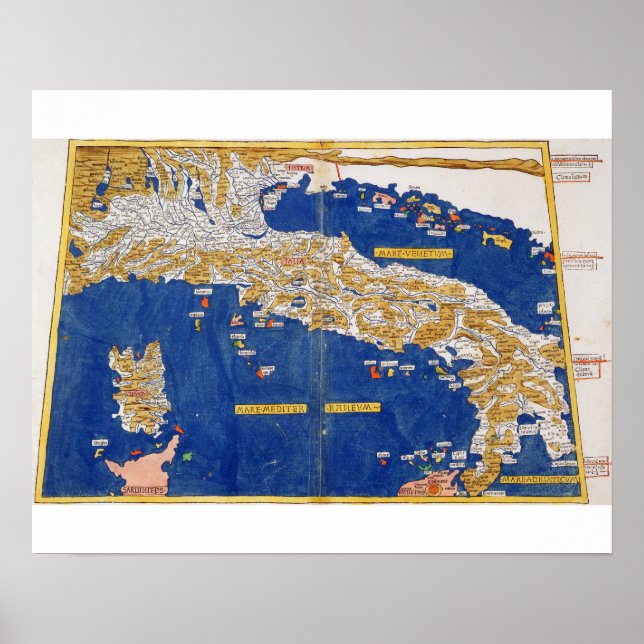 Póster Mapa ptolémico de Italia, 1482 (litho coloreado) (Frente)