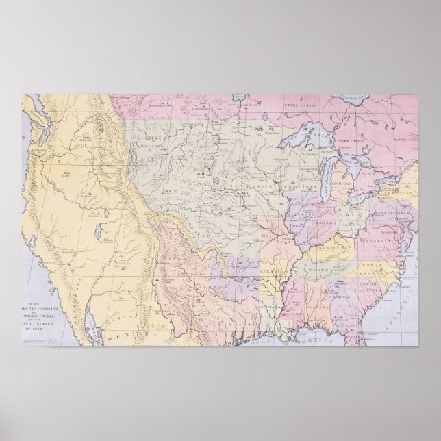 Póster Mapa que muestra las localidades de las tribus ind (Frente)