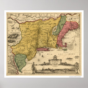 Póster Mapa regional de Nueva Inglaterra - 1685