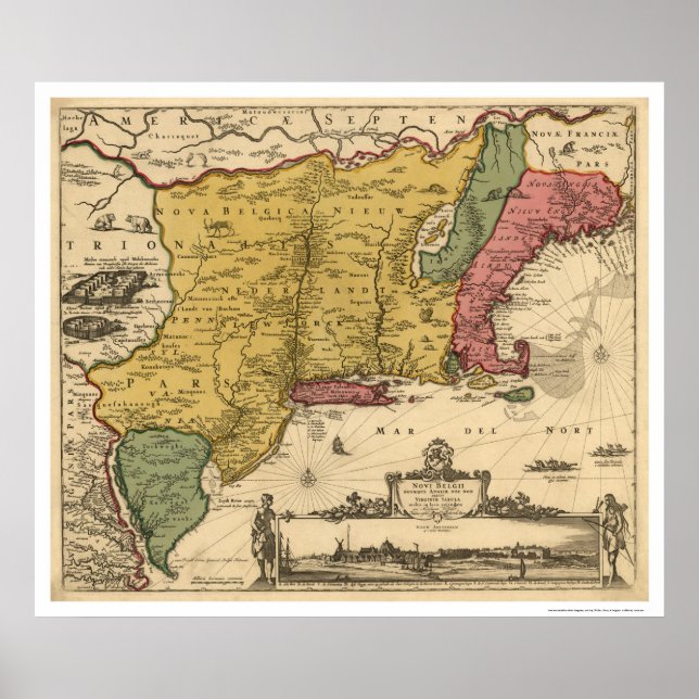 Póster Mapa regional de Nueva Inglaterra - 1685 (Frente)