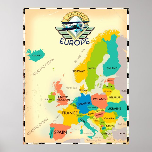 Póster Mapa Retro De Europa. (Frente)