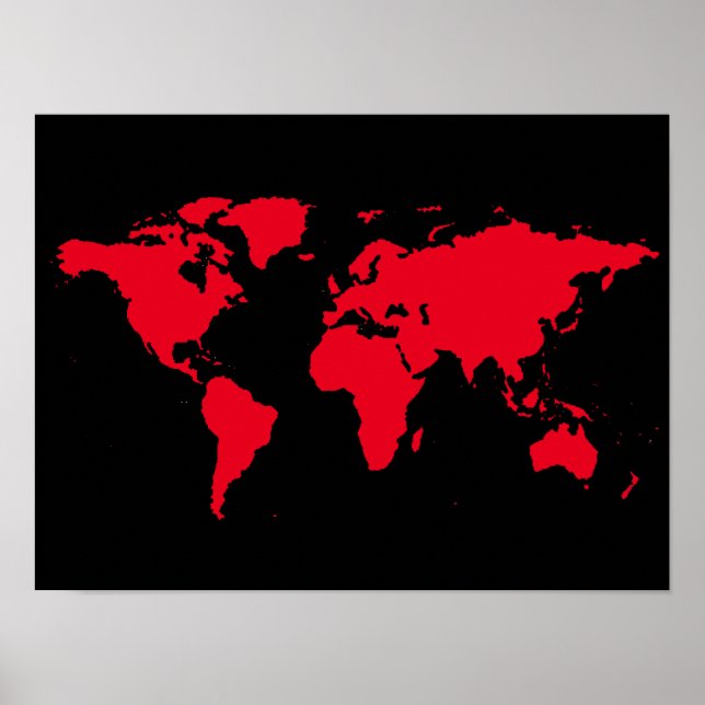 Póster mapa rojo del mundo sobre negro (Frente)