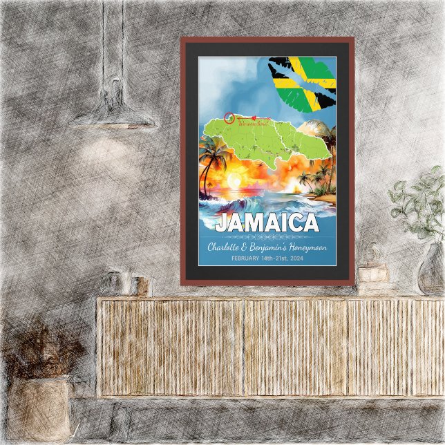 Póster Mapa romántico de la isla de Jamaica para vacacion (Romantic Honeymoon Vacation To Jamaica Poster - Sketch Mockup)