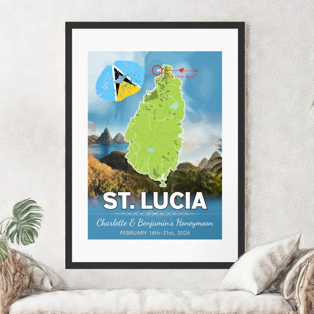 Póster Mapa romántico de luna de miel del Caribe en Santa (Romantic Honeymoon Vacation To St Lucia Map Poster - Sketch Mockup)