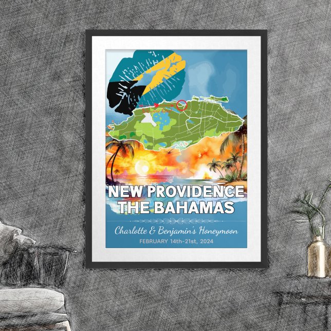 Póster Mapa romántico de luna de miel New Providence Baha (New Providence Bahamas Honeymoon Memories Poster - Sketch Mockup)