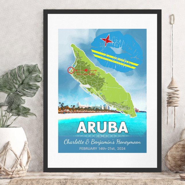 Póster Mapa romántico de luna de miel para vacaciones en  (Romantic Honeymoon Vacation Memories of Aruba in the Caribbean Map Poster - Sketch Mockup)