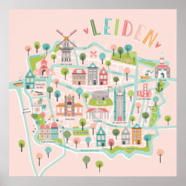 Póster Mapa rosa ilustrado de Leiden City