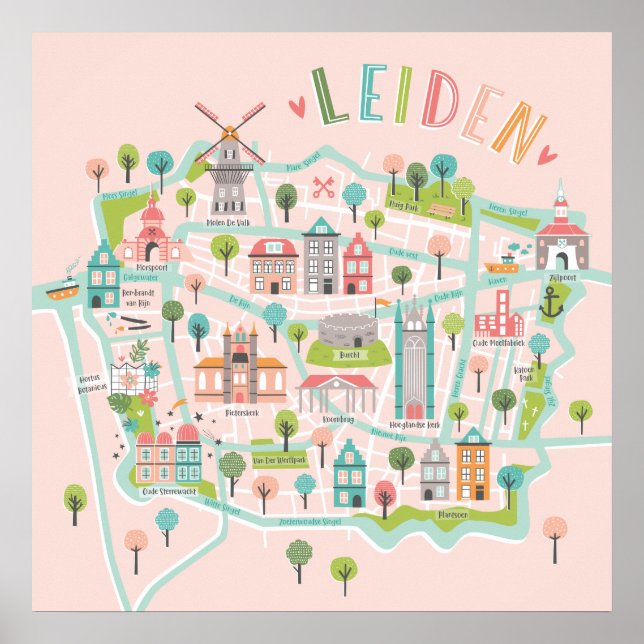 Póster Mapa rosa ilustrado de Leiden City (Frente)