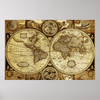 Póster Mapa rústico del hermoso mundo antiguo de Vintage