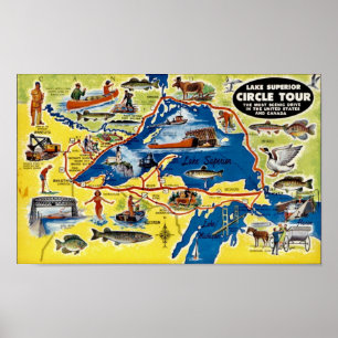 Póster Mapa superior del lago ilustrado de época