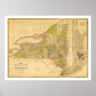 Póster Mapa temprano 1839 del Estado de Nuevo York