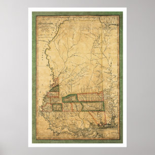 Póster Mapa temprano de Mississippi por Melish 1820