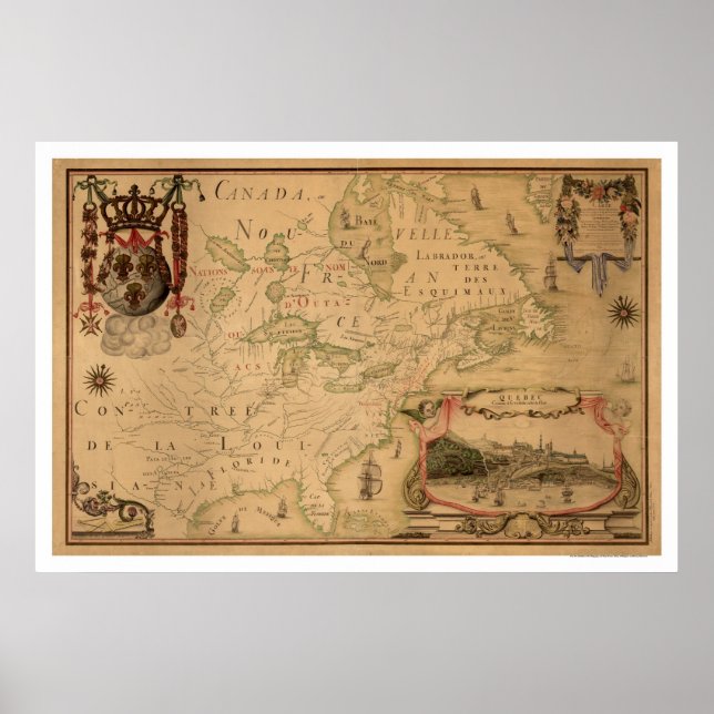Póster Mapa temprano de Quebec Canadá 1688 (Frente)