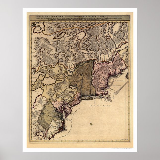 Póster Mapa temprano de Visscher en Estados Unidos 1717 (Frente)