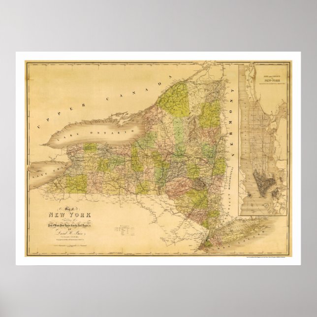 Póster Mapa temprano del estado de Nueva York 1839 (Frente)