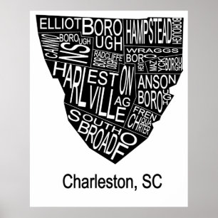Póster Mapa tipográfico de Charleston Negativo