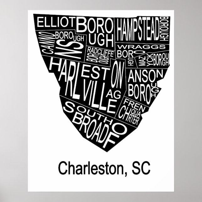 Póster Mapa tipográfico de Charleston Negativo (Frente)