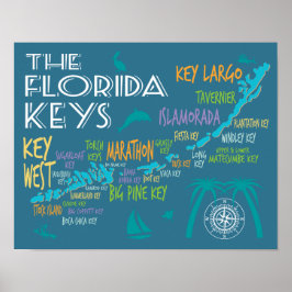 Póster Mapa tipográfico de Florida Keys con nombres color