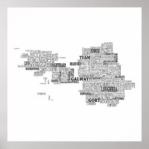 Póster Mapa tipográfico negro de Co. Galway, Irlanda
