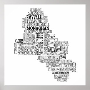 Póster Mapa tipográfico negro de Co. Monaghan, Irlanda