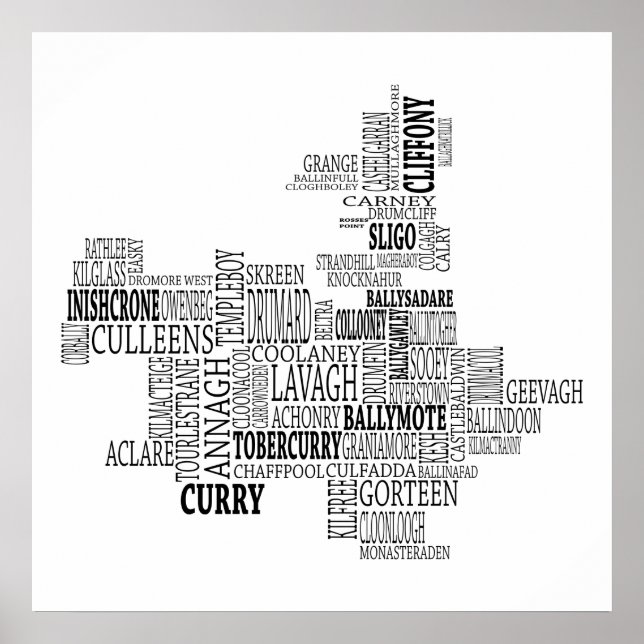 Póster Mapa tipográfico negro de Co. Sligo, Irlanda (Frente)