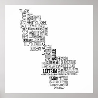 Póster Mapa tipográfico negro de la compañía Leitrim, Irl