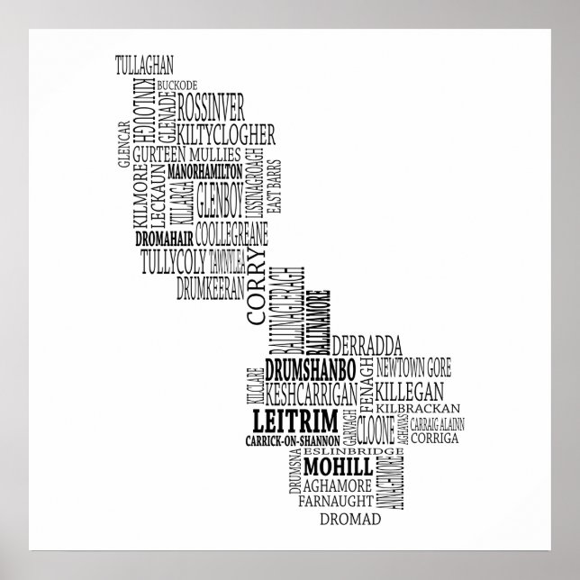 Póster Mapa tipográfico negro de la compañía Leitrim, Irl (Frente)