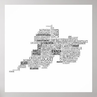 Póster Mapa tipográfico negro del condado de Clare, Irlan