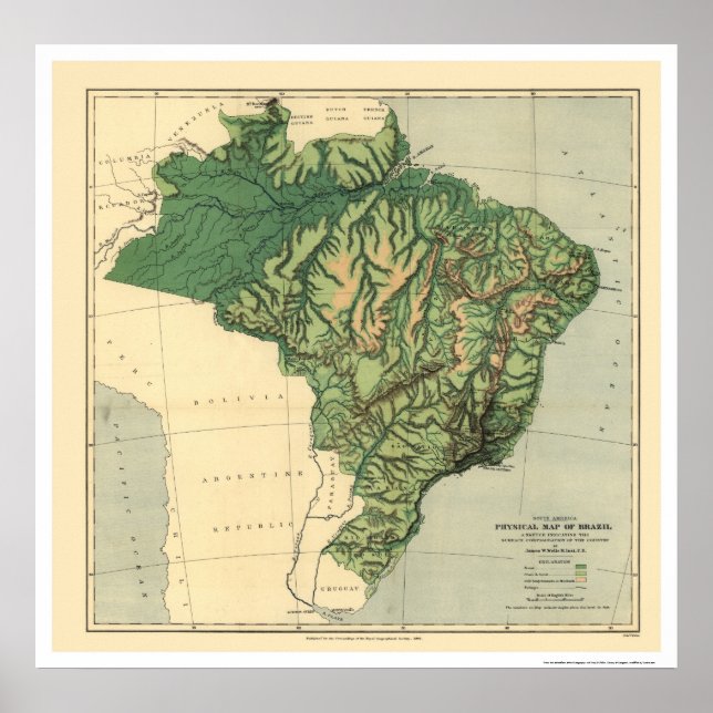 Póster Mapa topográfico de Brasil por Wells 1886 (Frente)