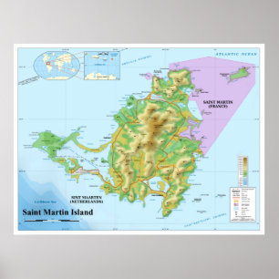 Póster Mapa topográfico de la isla caribeña de San Mart