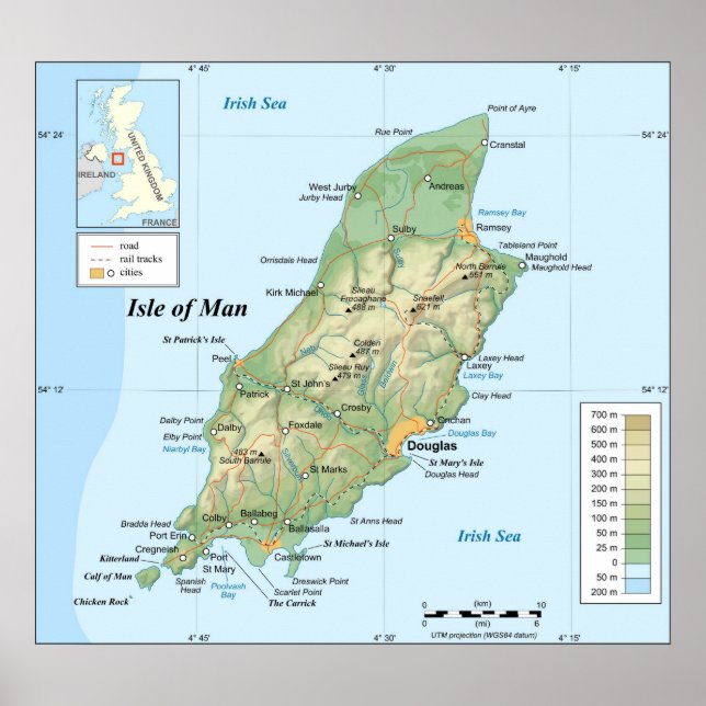 Póster Mapa topográfico de la Isla de Man (Frente)
