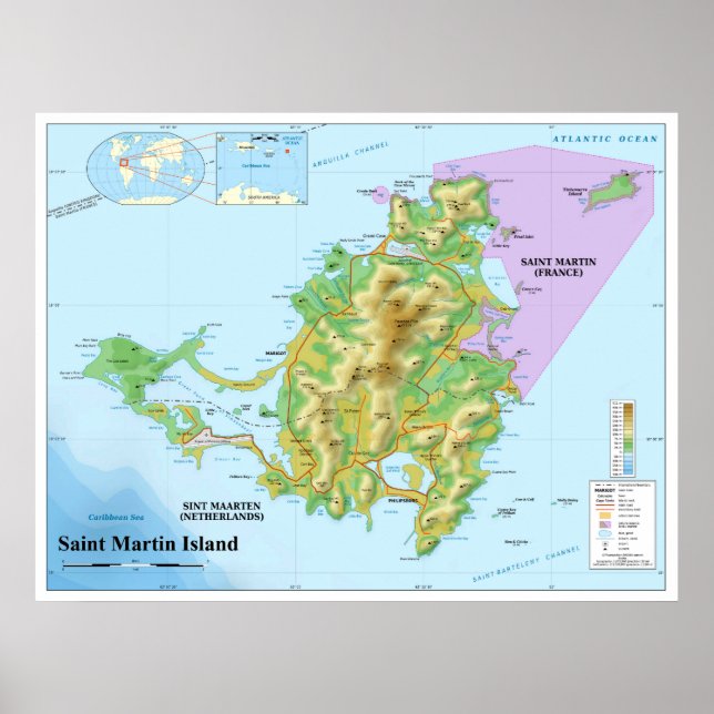Póster Mapa topográfico de la isla del Caribe de San Mart (Frente)