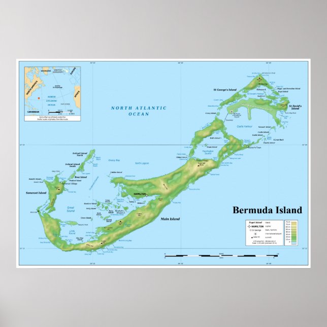 Póster Mapa topográfico de las Islas Bermudas Gran Bretañ (Frente)
