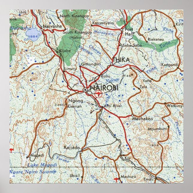 Póster Mapa topográfico de Nairobi Kenia (Frente)
