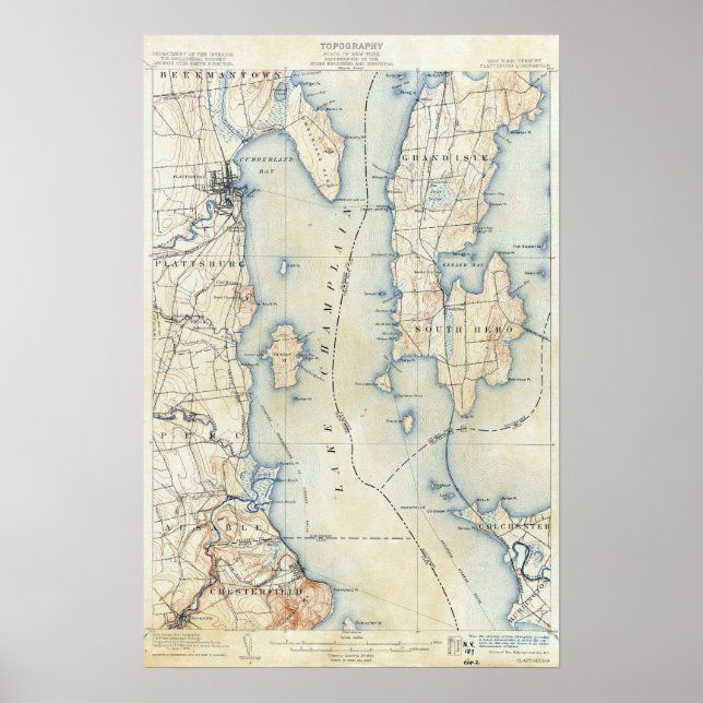 Póster Mapa topográfico de Nueva York de Plattsburgh Vint (Frente)